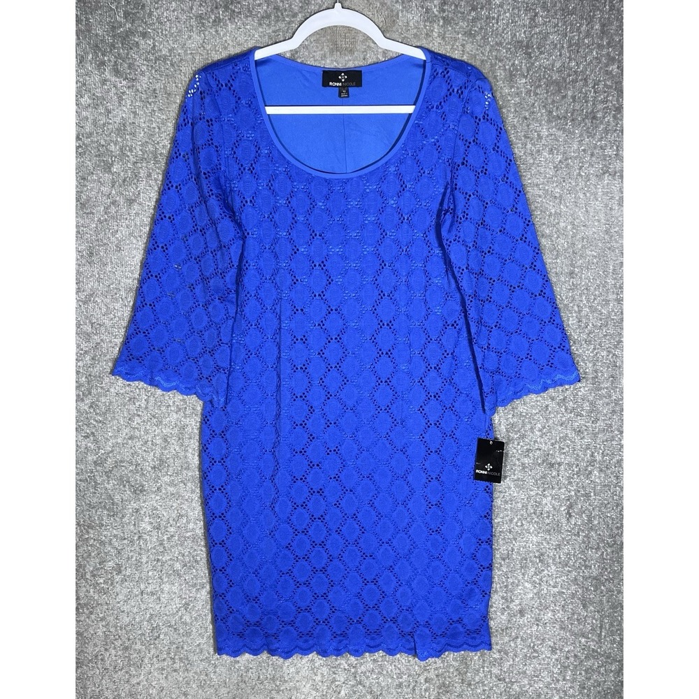 Ronni Nicole Eyelet Lace Overlay Dress Womens Size 12 Blue Stretch Lined New